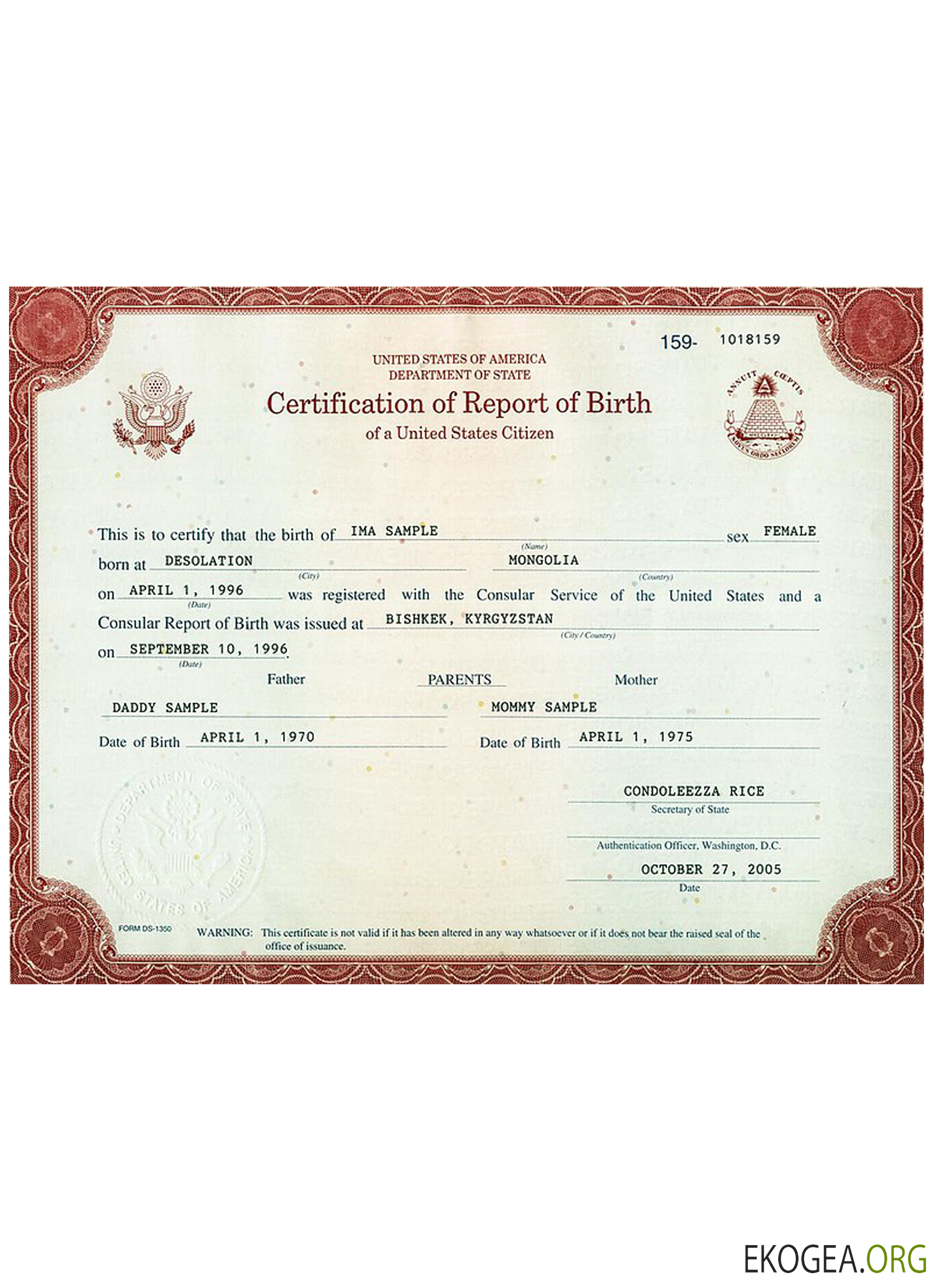 Certification américaine du rapport de naissance